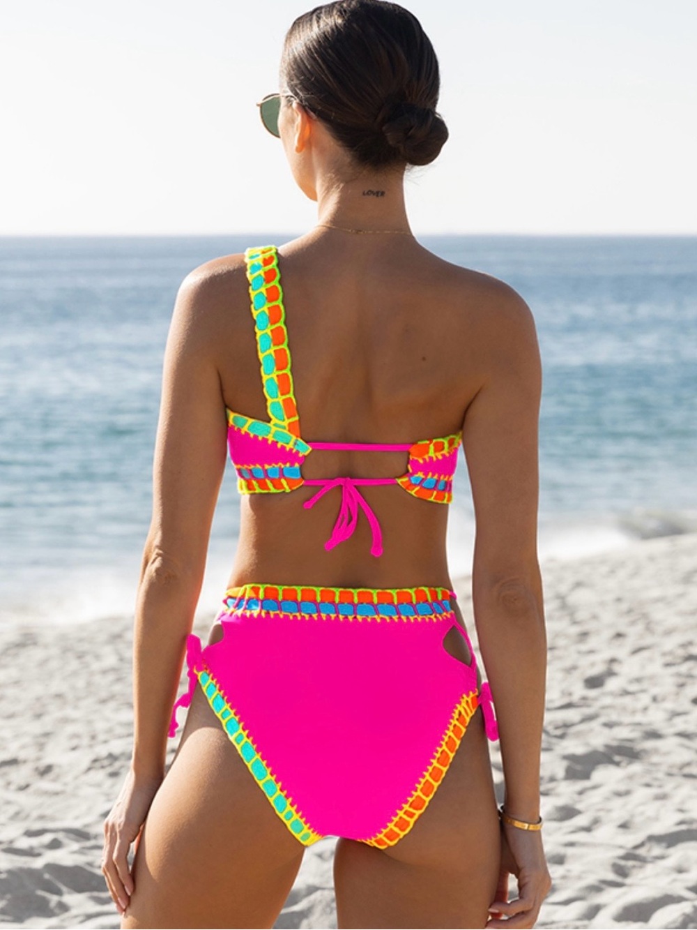 Popvil. Solid Color Clam Shell One Shoulder Mid Waist Bikini - Picture 8 of 8